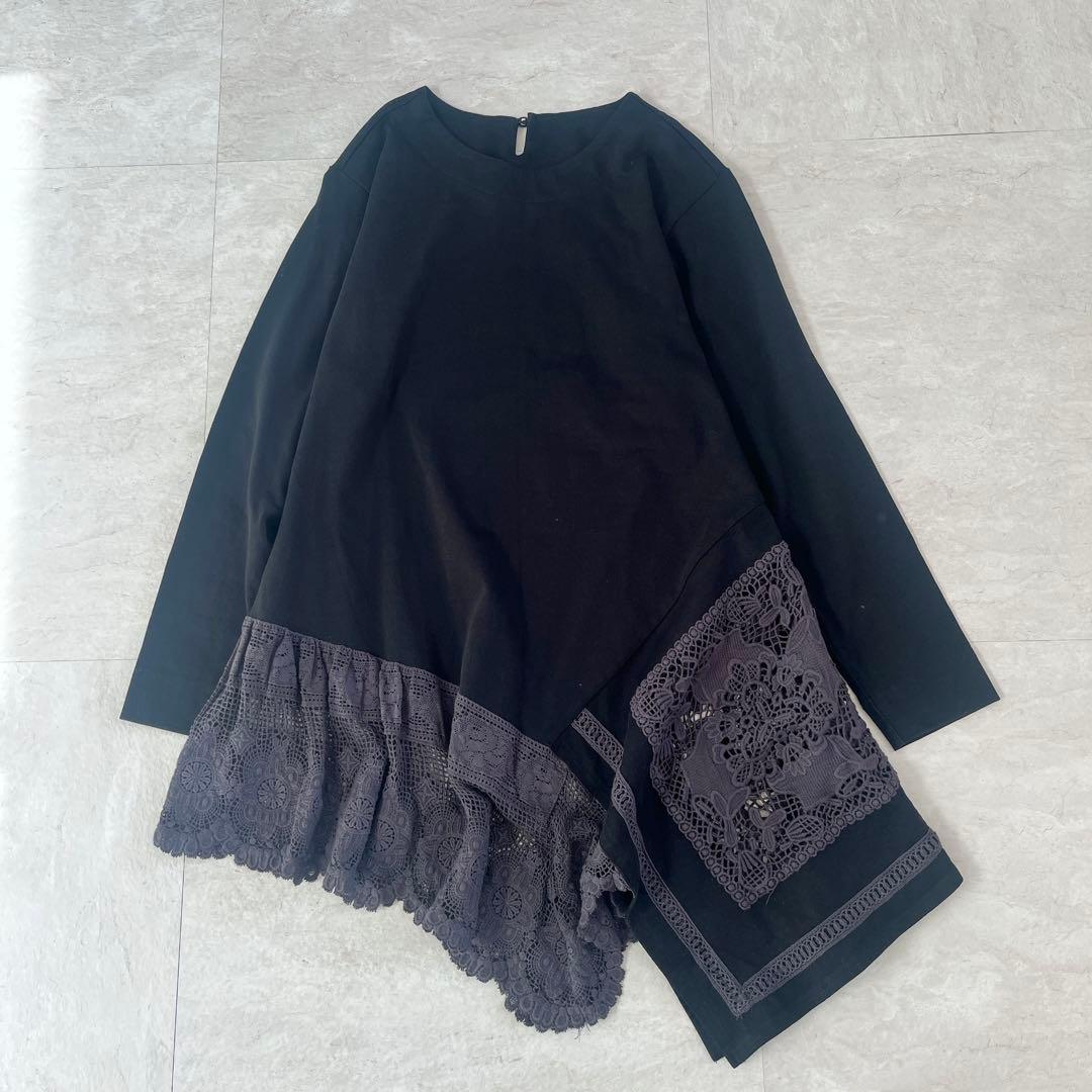 美品✨ ビアズリー レース裏毛チュニック アシンメトリー 変形ブラウス 切替 黒