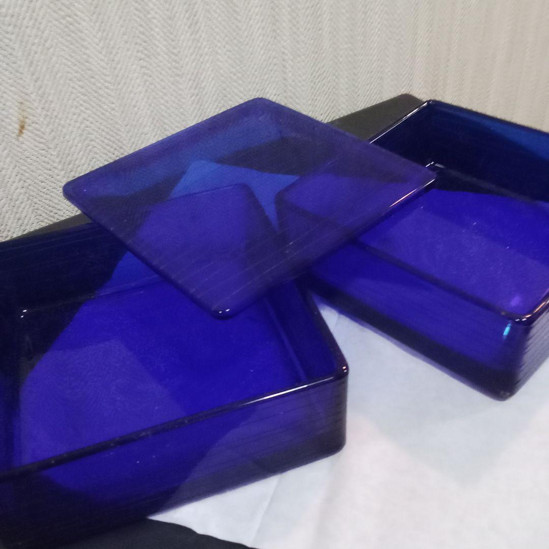 れい河上恭一郎作　瑠璃糸巻文切子姫重 コバルトブルー ガラス 二段