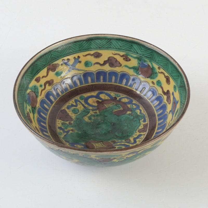 九谷焼　青手九谷　神獣雲龍文　鉢　角福銘　V　9548