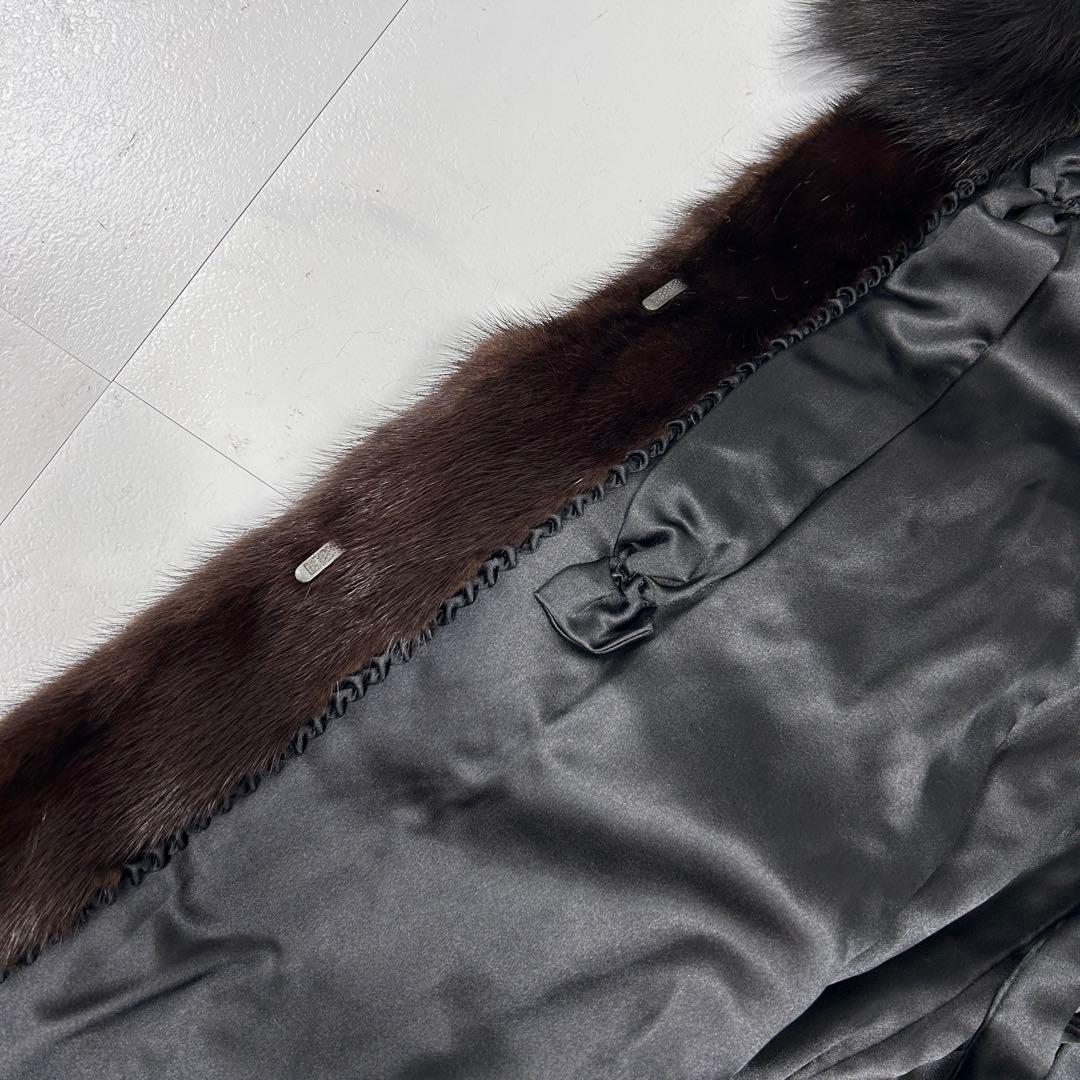 高級 着丈107cm ブラックミンク フォックス 襟 ロングコート 毛皮 鼬