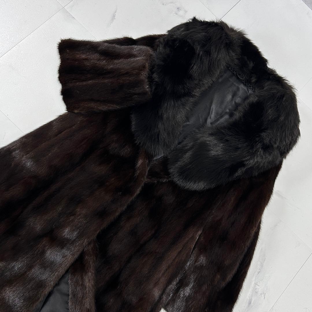 高級 着丈107cm ブラックミンク フォックス 襟 ロングコート 毛皮 鼬