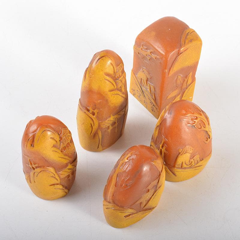 中国　篆刻　玉石寿山石彫刻　山水人物刻　印材　5点　箱付　V　6006