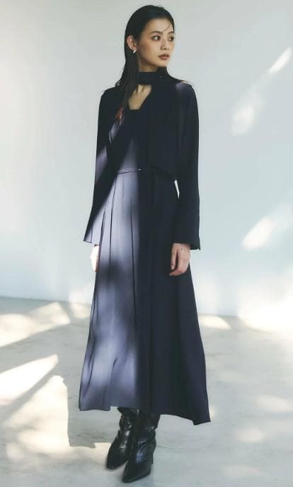 【着用短時間】anuans ダブルサテンクラシカルワンピース NAVY