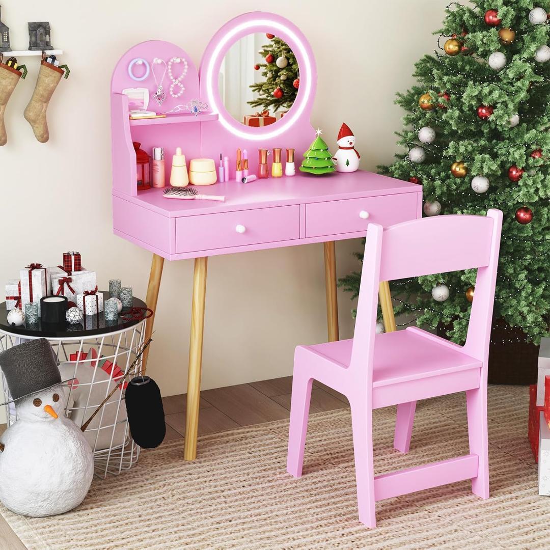 【新品】Giantex 子供ドレッサー 木製 椅子付き LEDライト付きミラー
