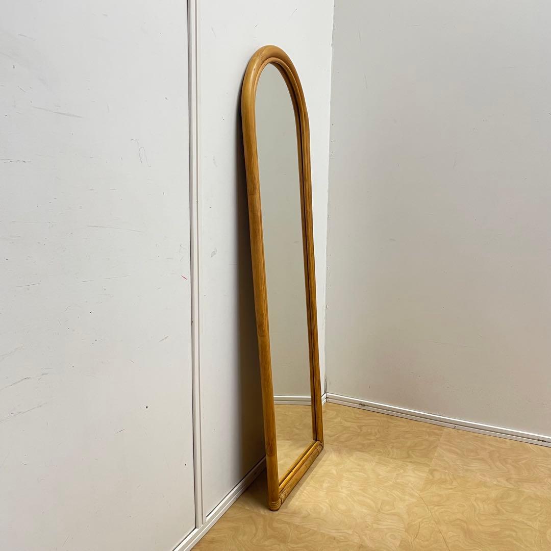 籐ラタン 大型ミラー 鏡 壁掛け アーチ型 全身 姿見 アンティーク ビンテージ
