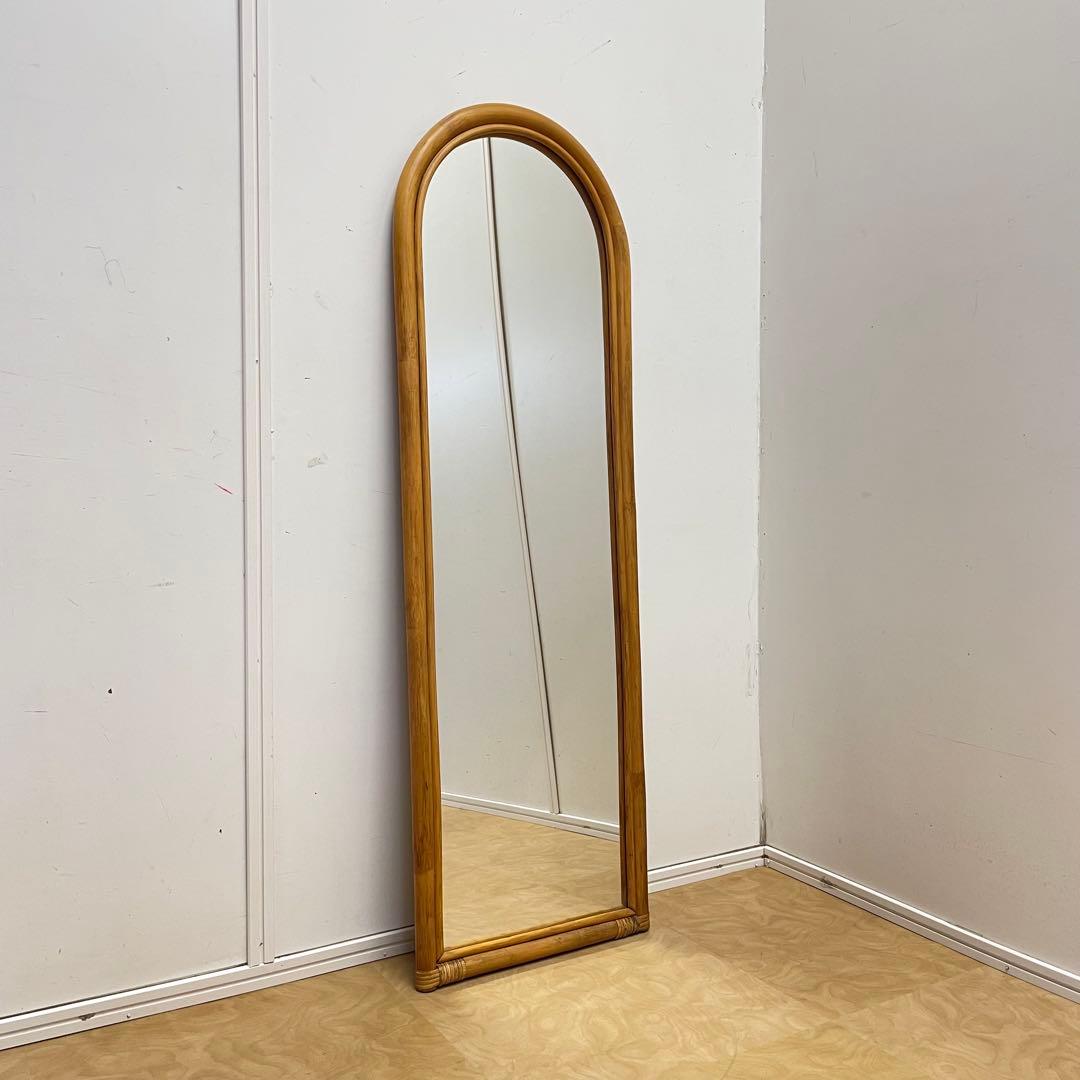 籐ラタン 大型ミラー 鏡 壁掛け アーチ型 全身 姿見 アンティーク ビンテージ