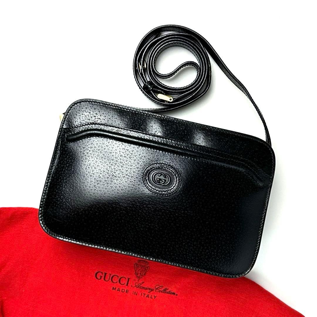 【美品】グッチ　インターロッキング　ショルダーバッグ　GG　エンボス　レザー　黒