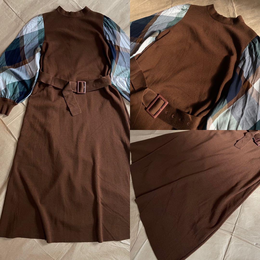 BLUE LABEL CRESTBRIDGE ニットワンピース 38 袖チェック