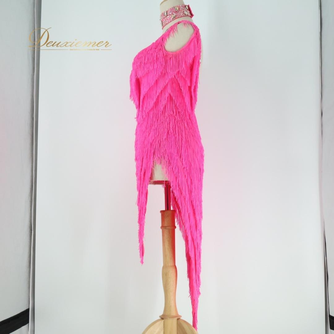 【社交ダンス衣装】ピンク ラテン ドレス ワンピース フリンジ 蛍光 デモ 競技