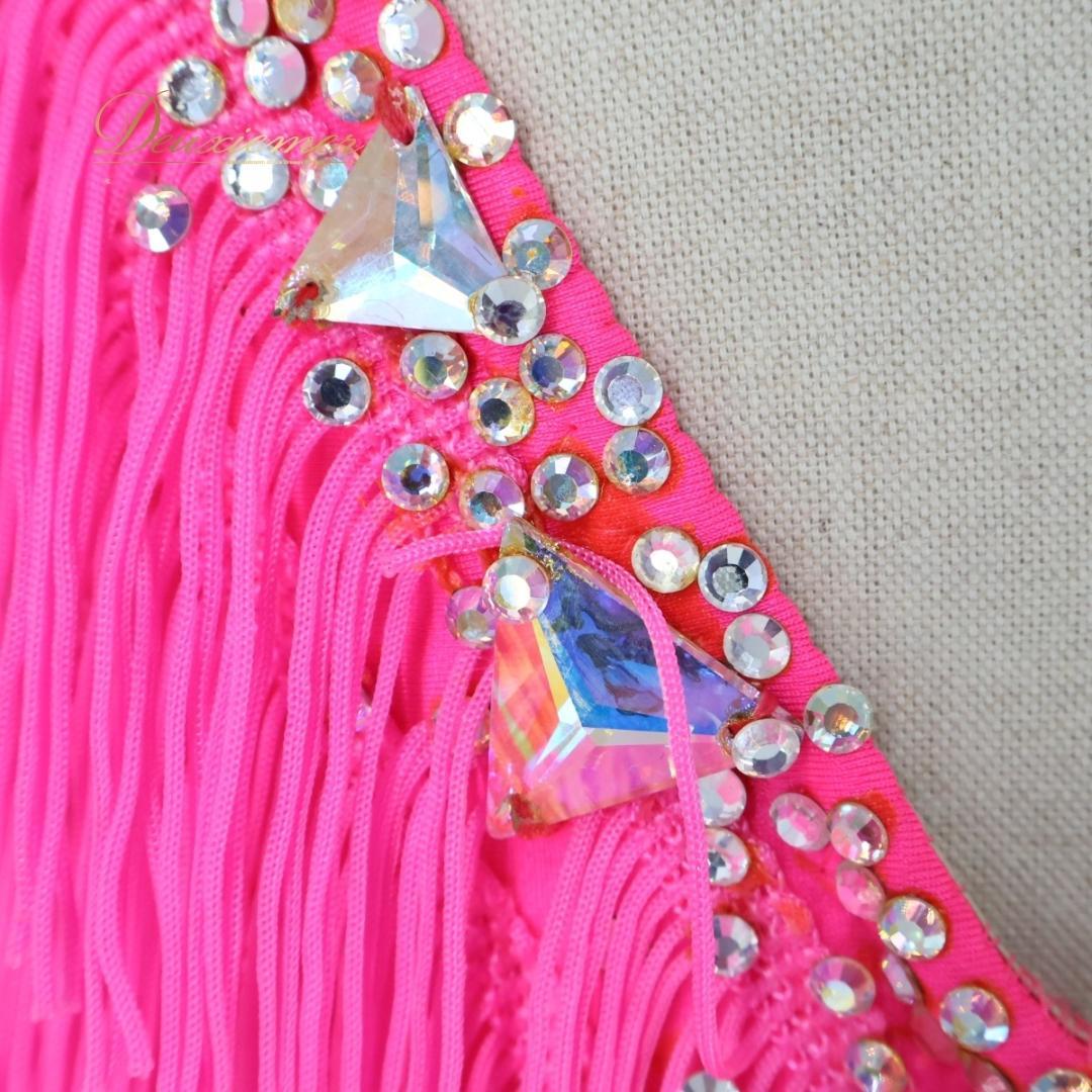 【社交ダンス衣装】ピンク ラテン ドレス ワンピース フリンジ 蛍光 デモ 競技