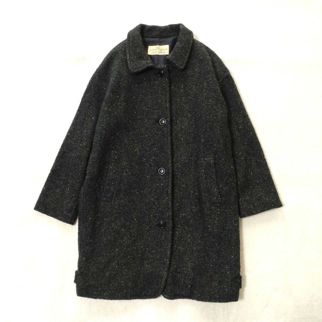 ネストローブ　ステンカラーコート　ウール100　ボックス型　ブラック系ミックス