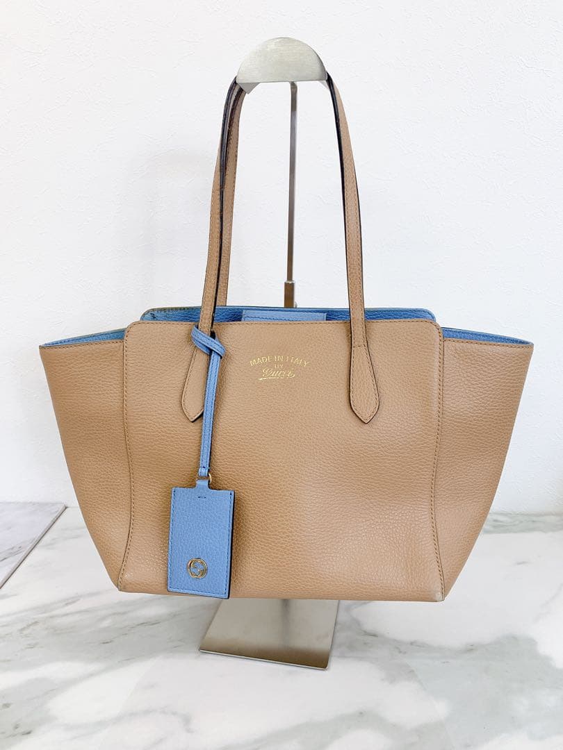 ＋グッチ　スウィング　バイカラー　トートバッグ　カーフスキン　レザー　ブラウン