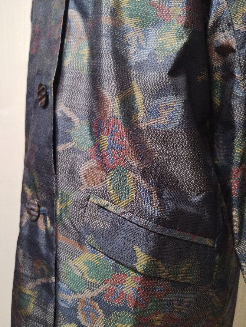 大島紬リメイク　花柄ネイビー コートと、 大島紬　ハンドバッグのセット