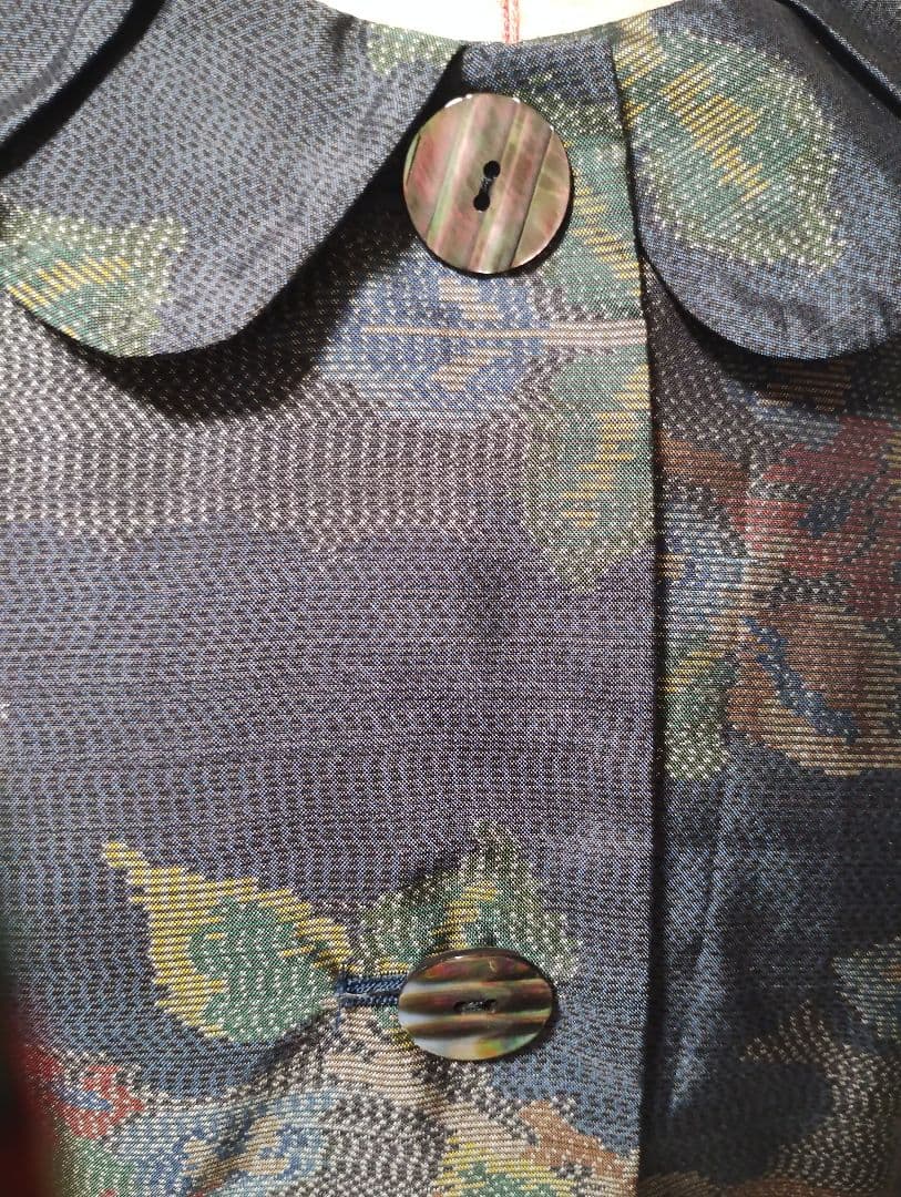 大島紬リメイク　花柄ネイビー コートと、 大島紬　ハンドバッグのセット