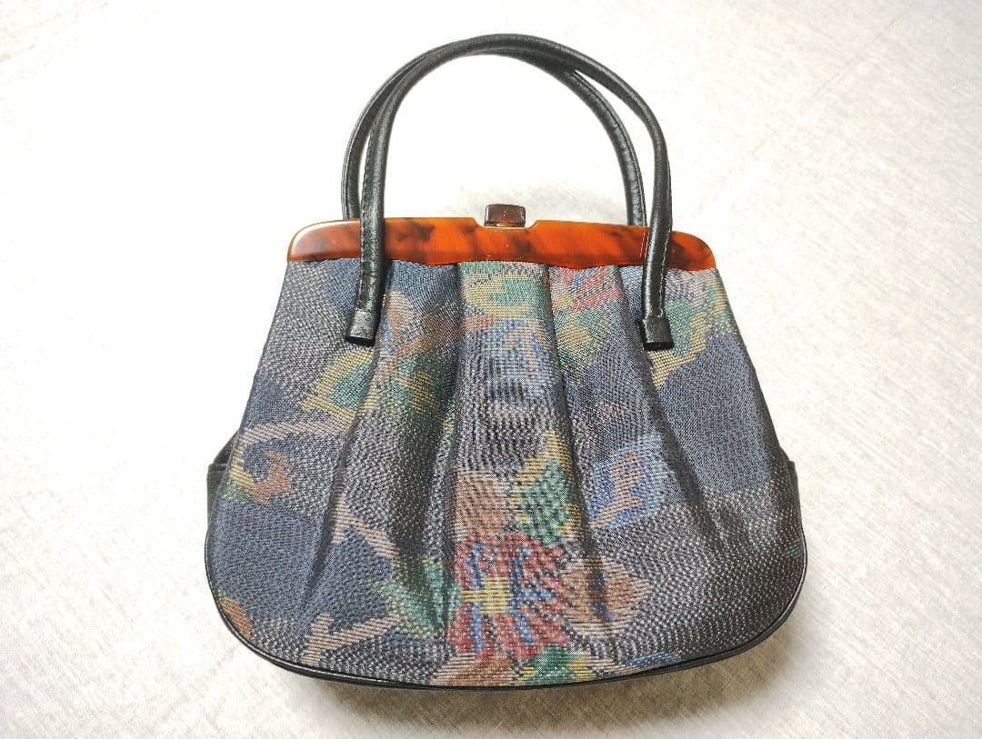 大島紬リメイク　花柄ネイビー コートと、 大島紬　ハンドバッグのセット