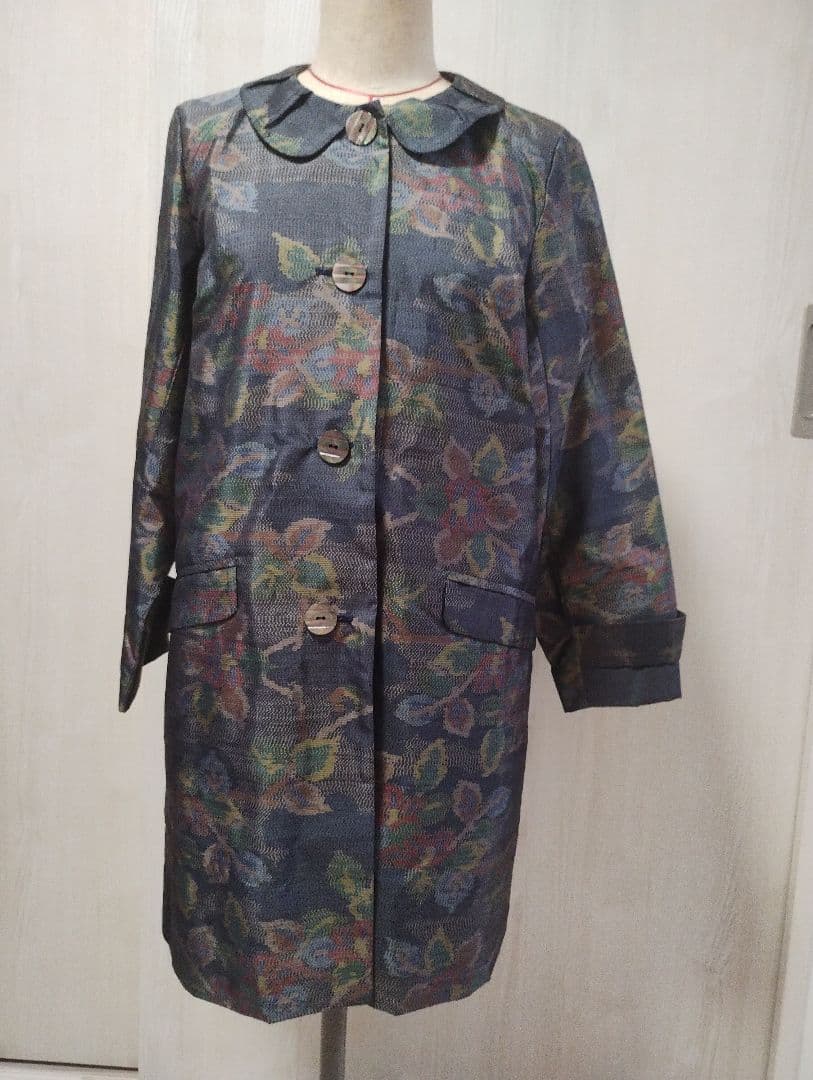 大島紬リメイク　花柄ネイビー コートと、 大島紬　ハンドバッグのセット