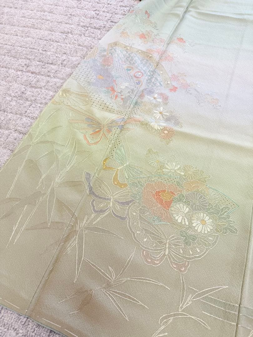 高級 訪問着 正絹 袷 汕頭刺繍 スワトウ 中国刺繍 グリーン 暈し染め