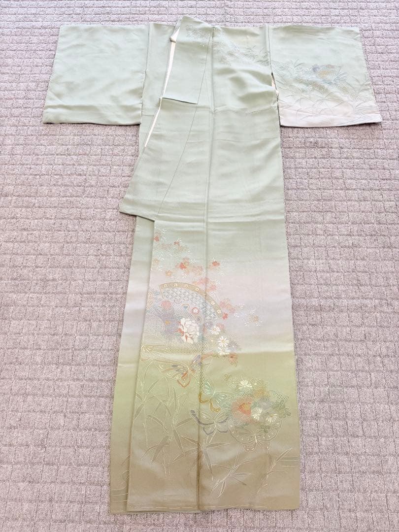 高級 訪問着 正絹 袷 汕頭刺繍 スワトウ 中国刺繍 グリーン 暈し染め