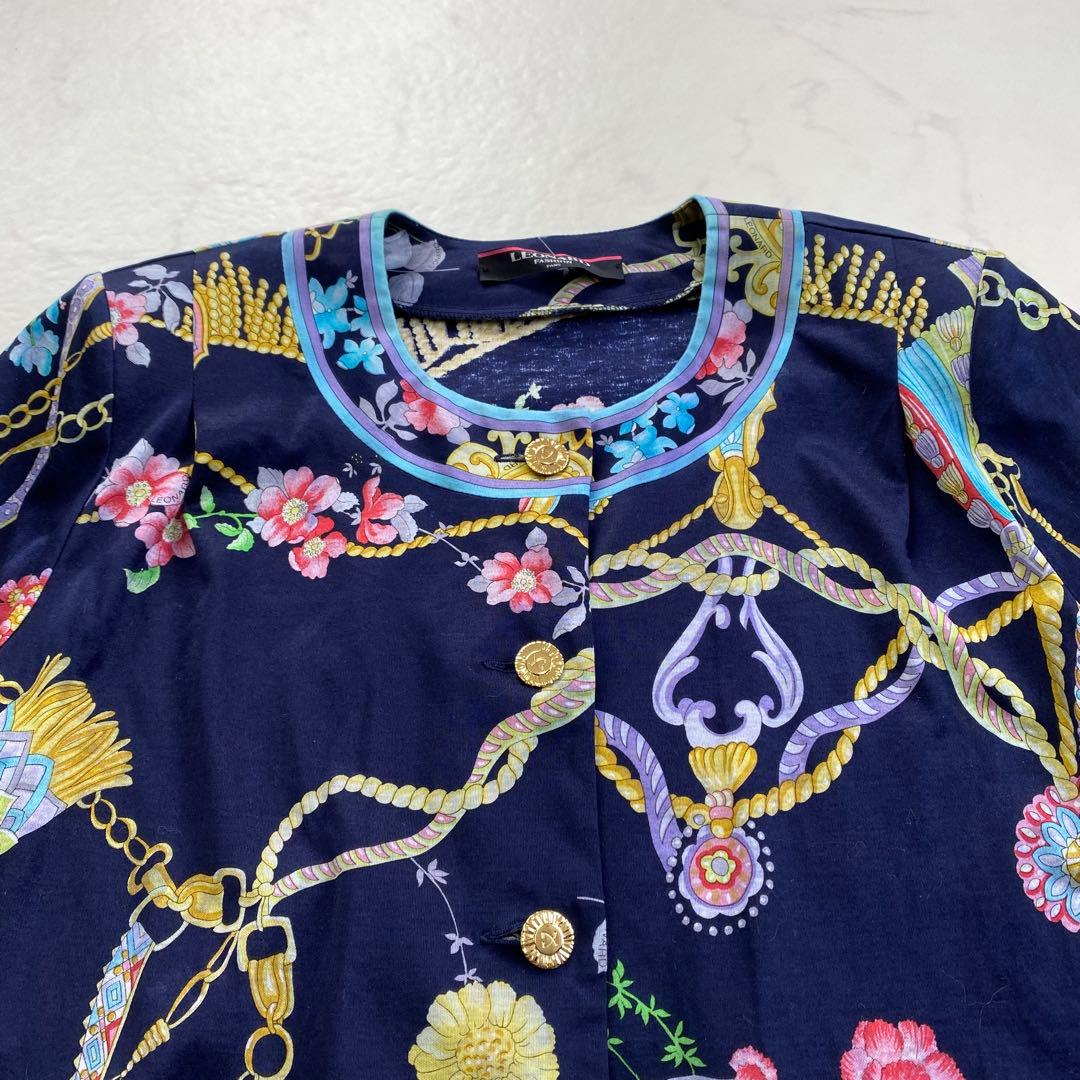 美品★LEONARD レオナール 半袖ジャケット 花柄 金ボタン 洗濯出来る L