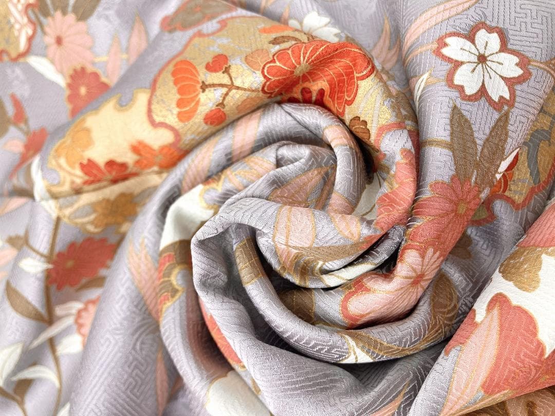 未使用 京友禅 雪輪 花柄 訪問着 袷 金彩 紫 オレンジ ベージュ 1391