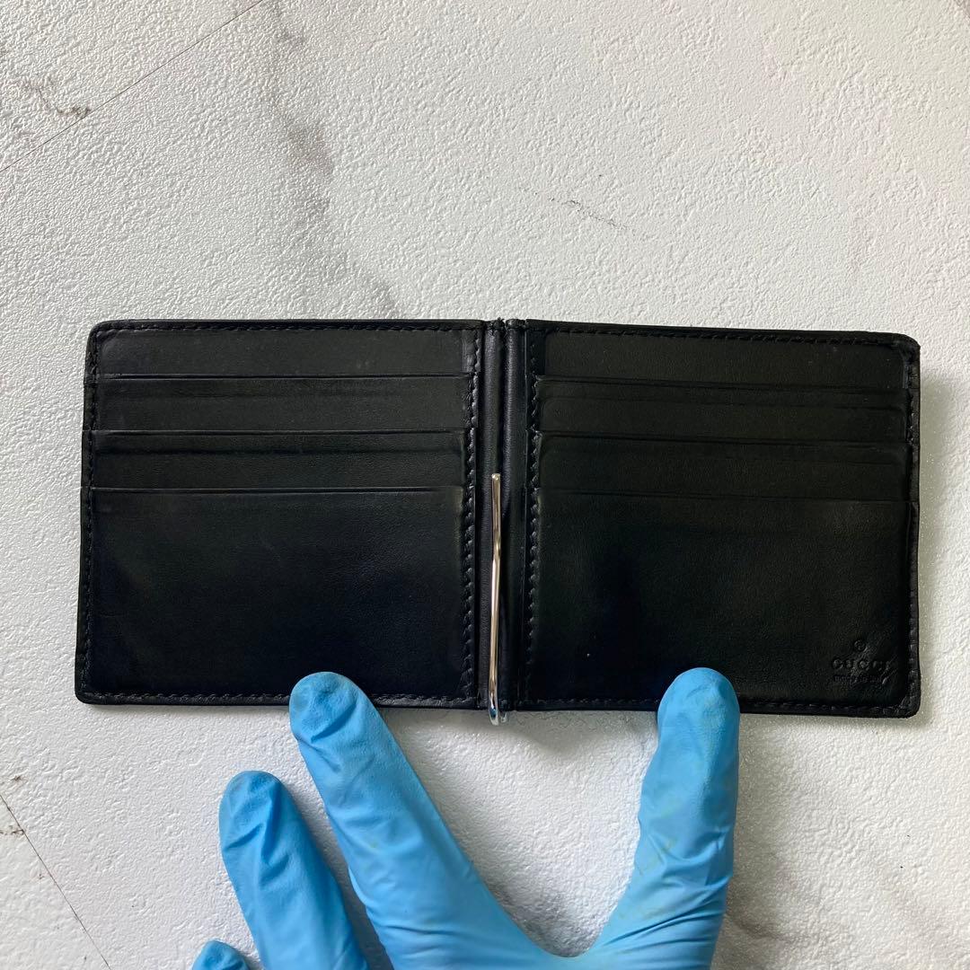 極美品 グッチ マネークリップ シマ レザー GG 札 カードケース 黒