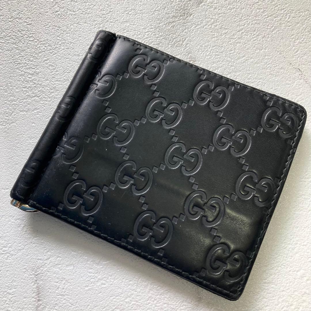 極美品 グッチ マネークリップ シマ レザー GG 札 カードケース 黒