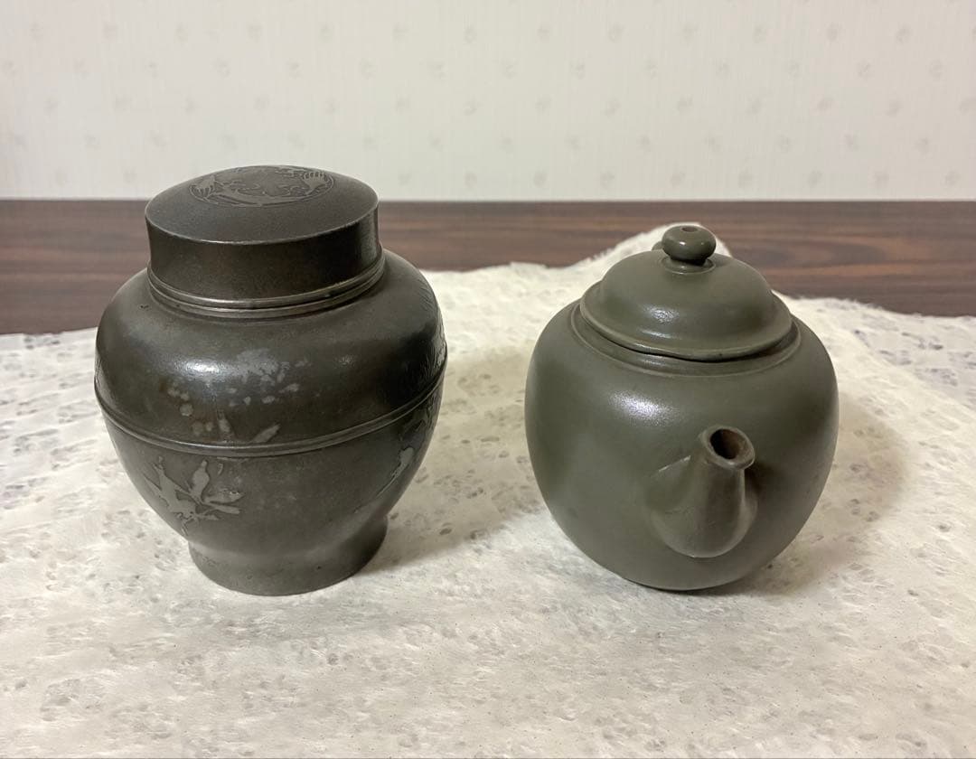 錫製茶入と陶器製急須セット ダークグリーン 茶道具 茶器 骨董品