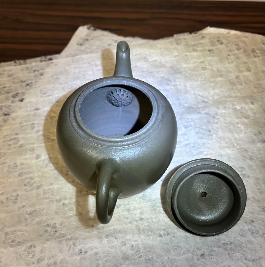 錫製茶入と陶器製急須セット ダークグリーン 茶道具 茶器 骨董品