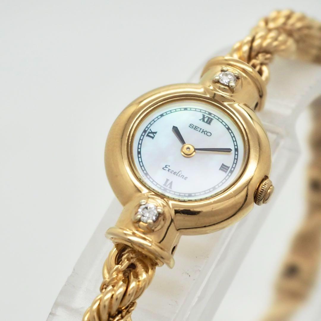 678【美品】SEIKO　時計　エクセリーヌ　レディース 2Pダイヤ　ゴールド