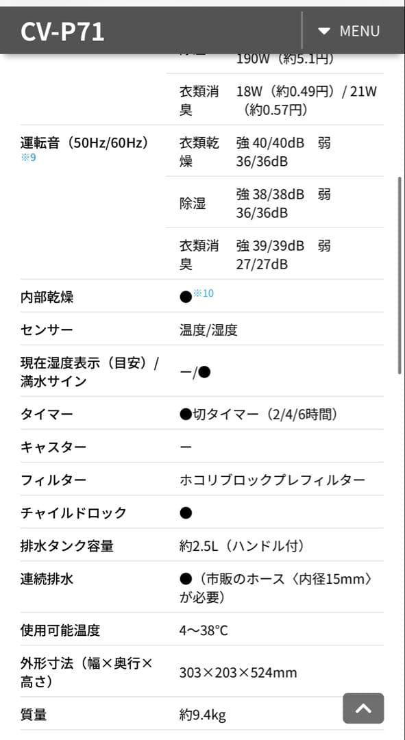 SHARP CV-P71-W 除湿機