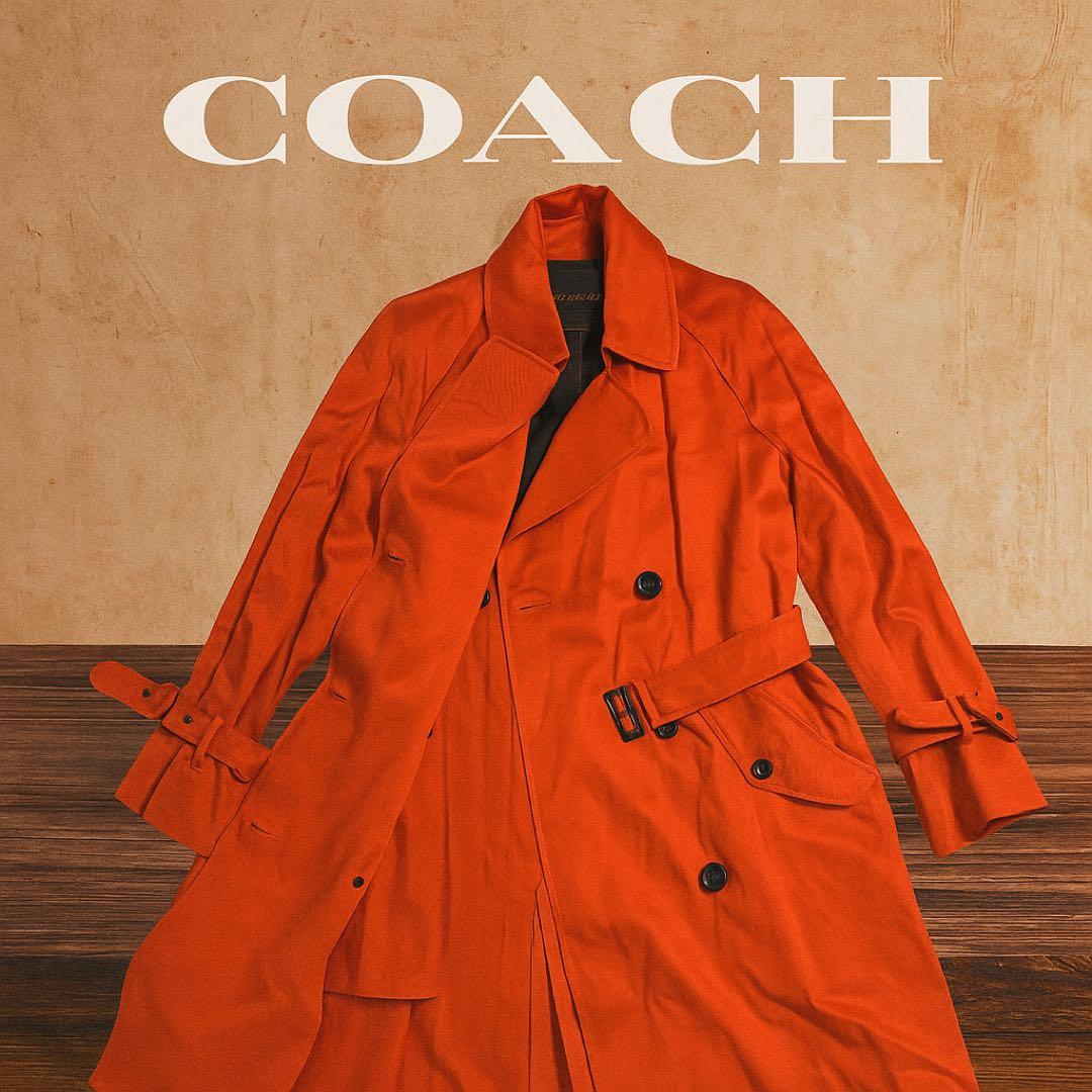 極美品 コーチCOACH オレンジ トレンチコート ベルト　スペアボタン付き