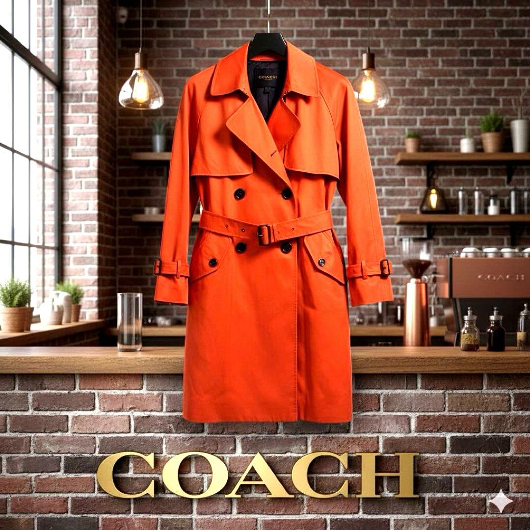 極美品 コーチCOACH オレンジ トレンチコート ベルト　スペアボタン付き