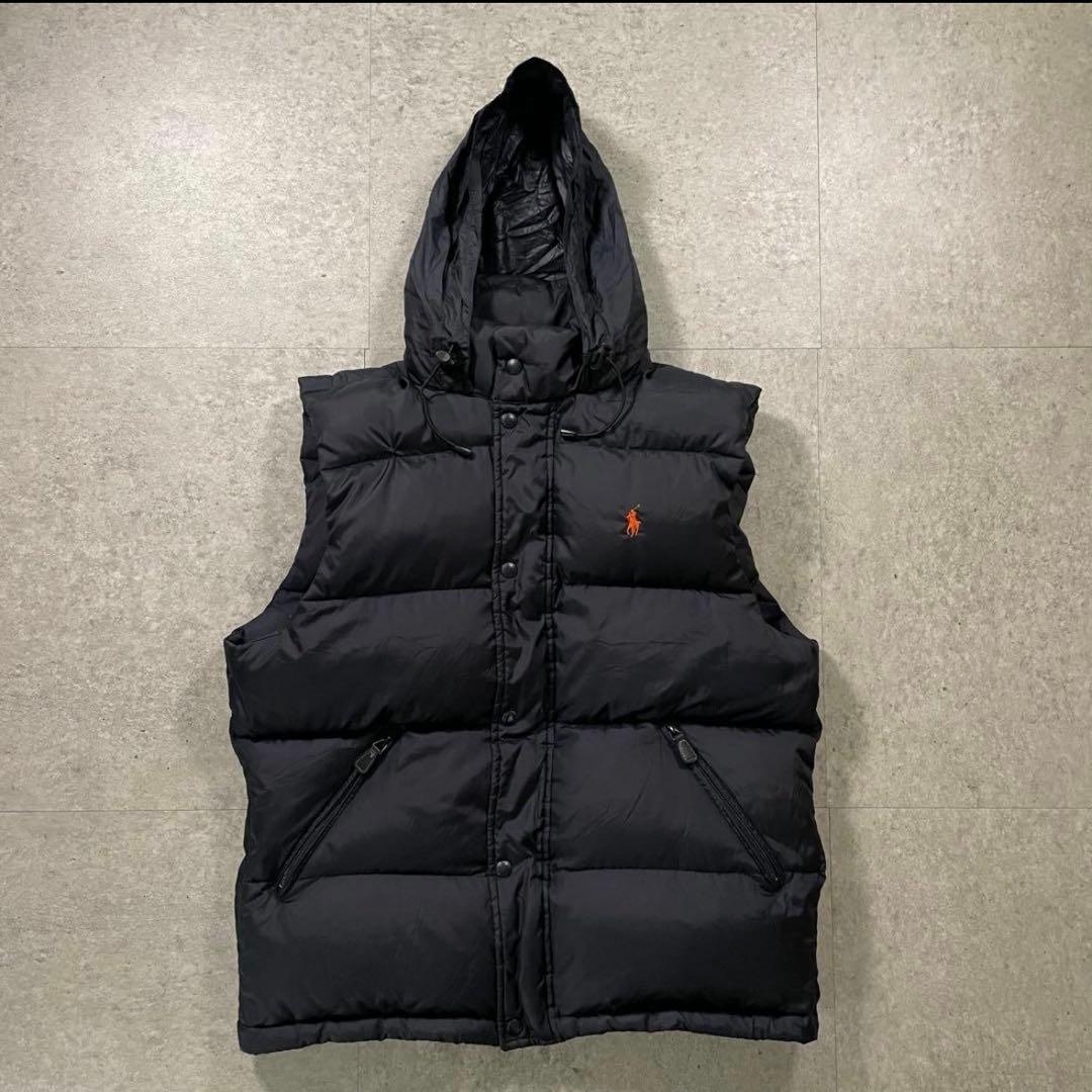 POLO RALPH LAURENダウンベスト フード収納ブラックオレンジポニー