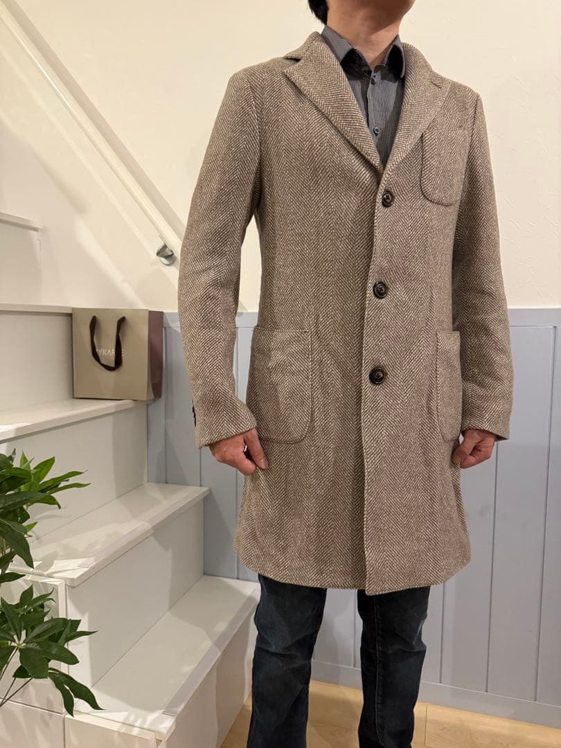 ヘリンボーン柄 ベージュ ロングコート