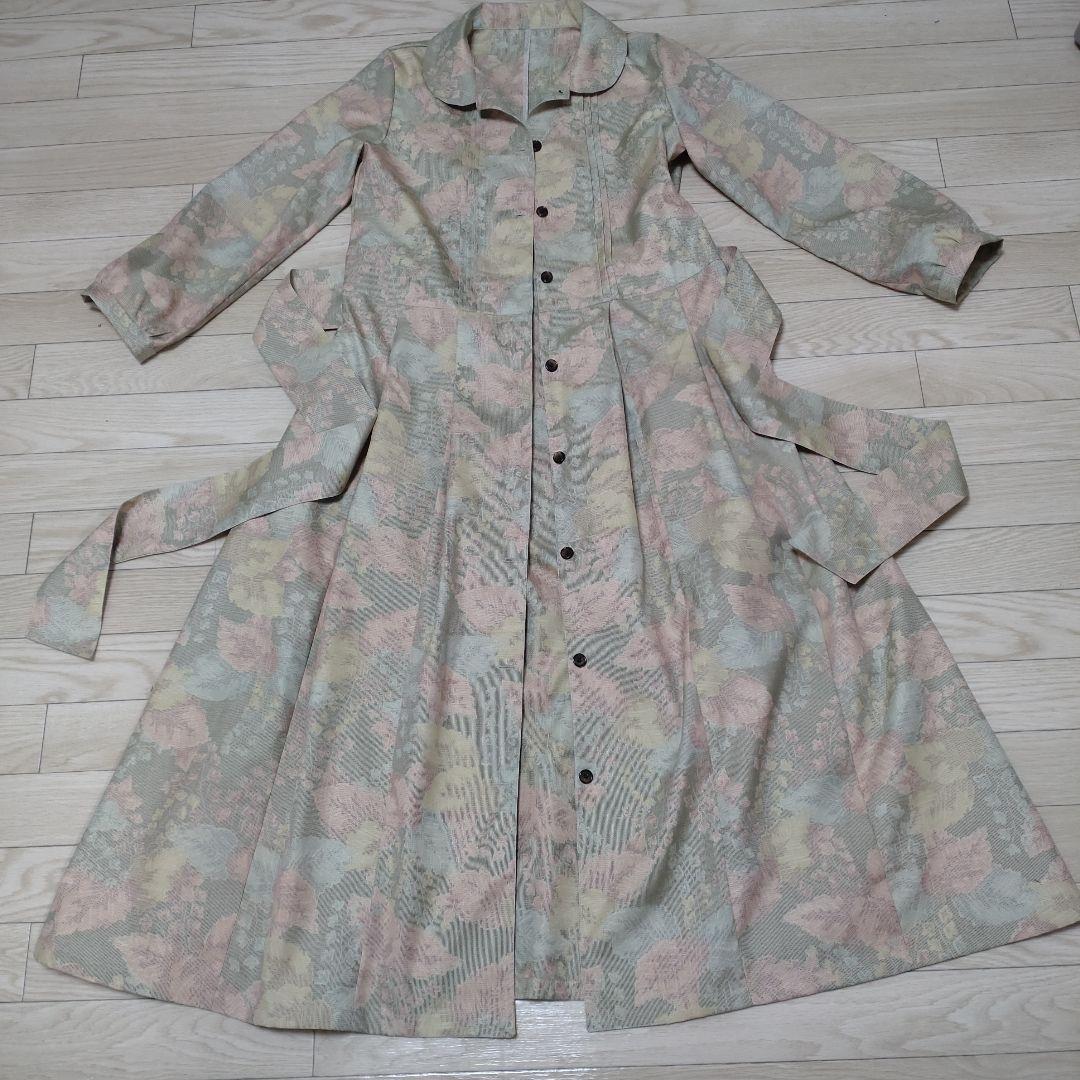 着物リメイク　紬丸襟ピンタックコートワンピース