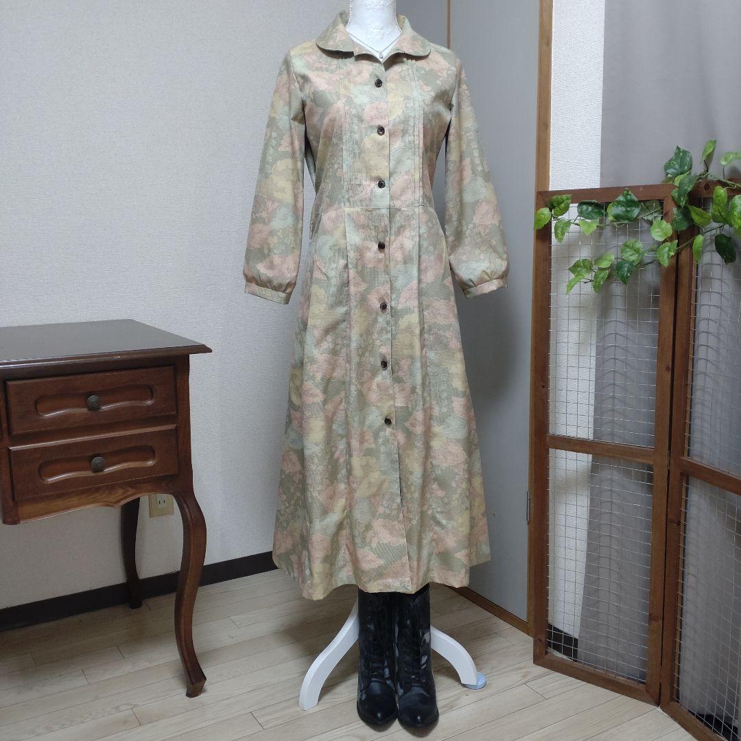 着物リメイク　紬丸襟ピンタックコートワンピース