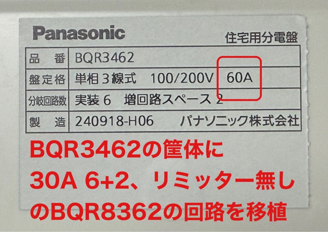 Panasonicコスモパネル30A、6回路空き2、リミッタスペース有