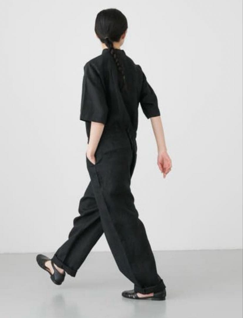 未使用　かぐれ　リネンハーフスリーブ オールインワン　Black スタンドカラー
