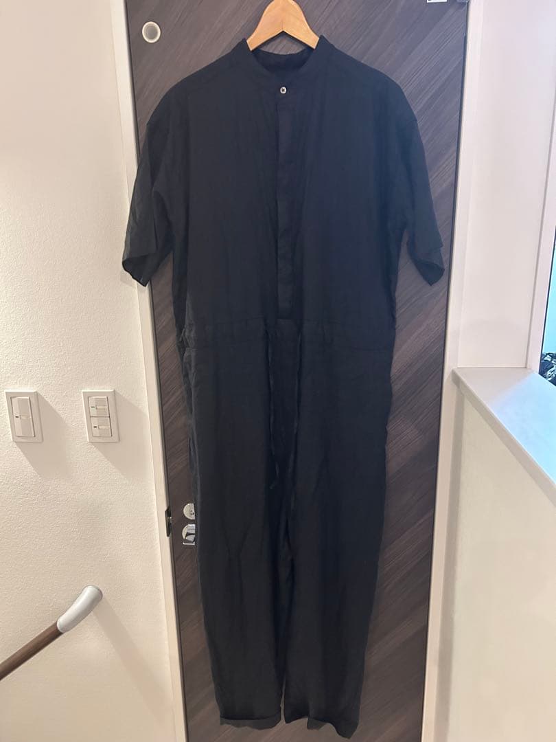 未使用　かぐれ　リネンハーフスリーブ オールインワン　Black スタンドカラー