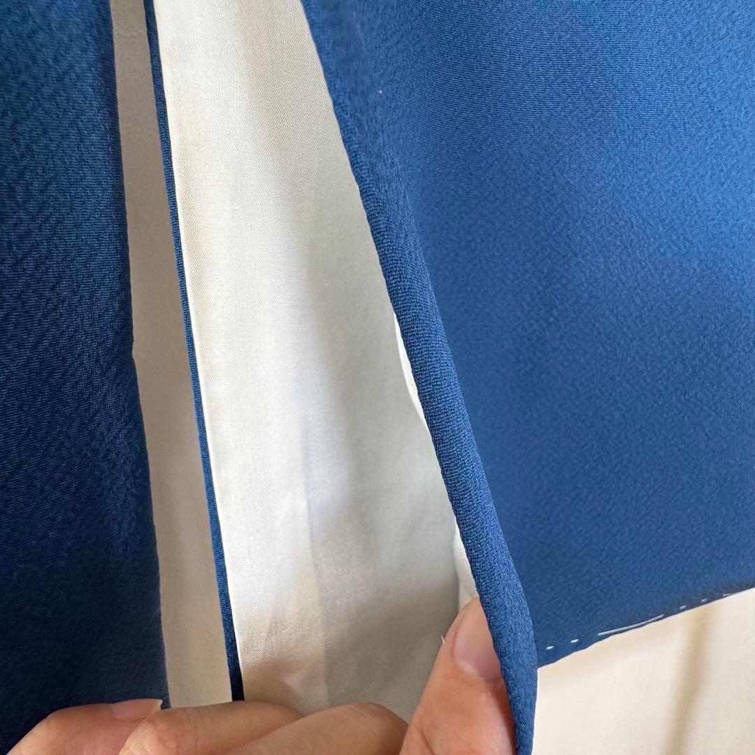 しつけ付　着物　正絹　袷　色無地　176　裄69 青　　ロイヤルブルー　トール