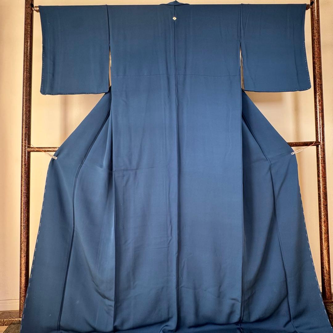 しつけ付　着物　正絹　袷　色無地　176　裄69 青　　ロイヤルブルー　トール