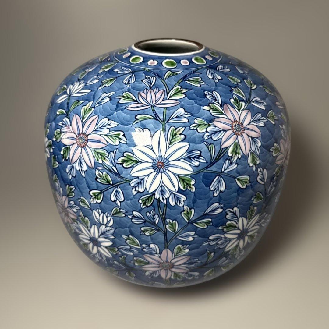 村上玄輝　染錦花草文様　花瓶　圧倒的な存在感　高さ27cm 胴径27cm　本人作