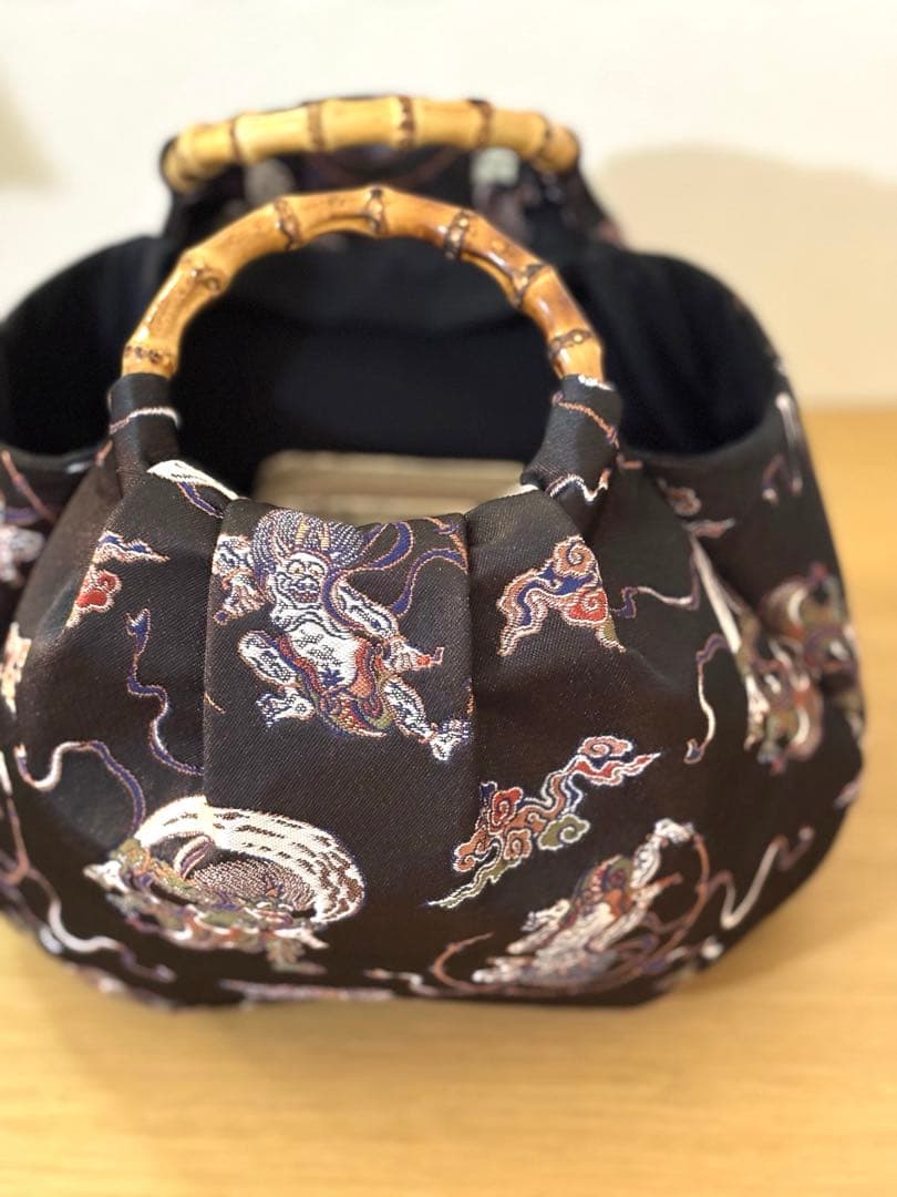 京都西陣織金蘭生地　風神雷神（黒）和装バック着物バック　入学卒業結婚式七五三振袖