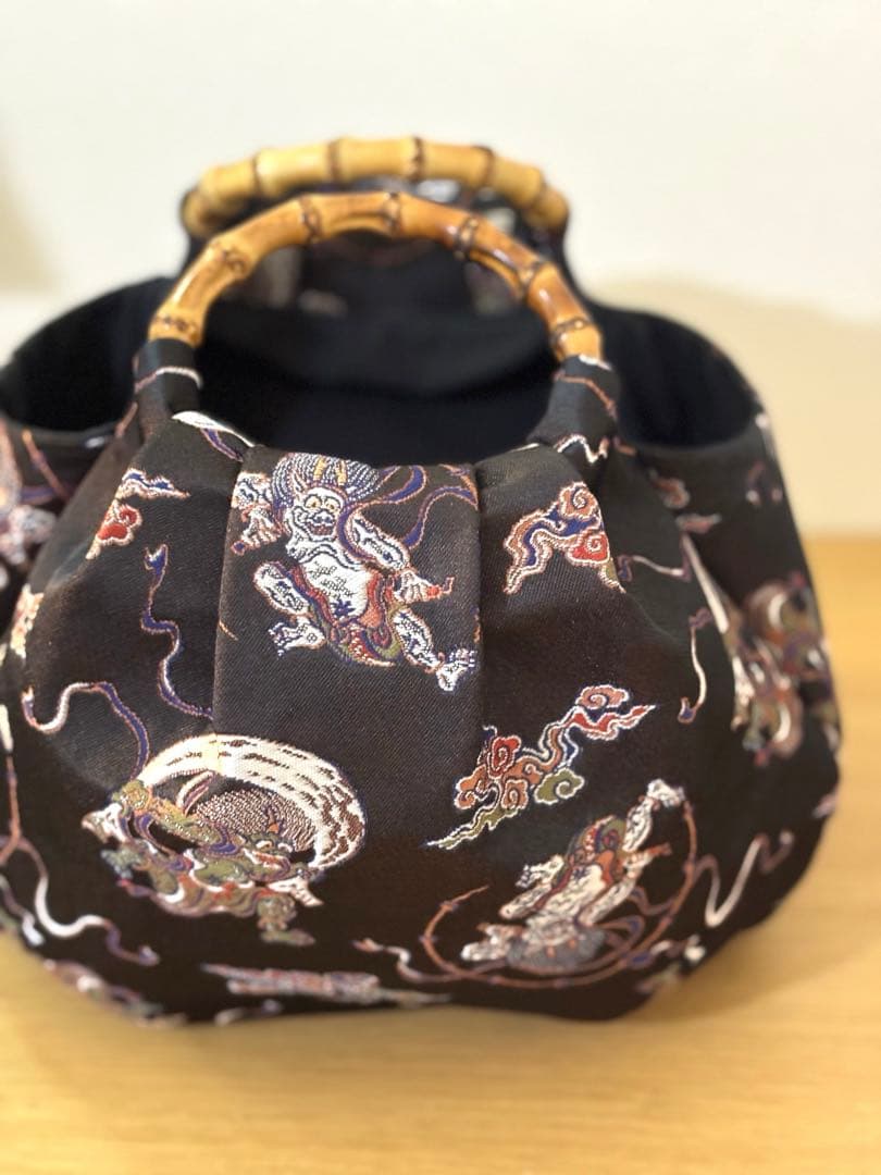 京都西陣織金蘭生地　風神雷神（黒）和装バック着物バック　入学卒業結婚式七五三振袖