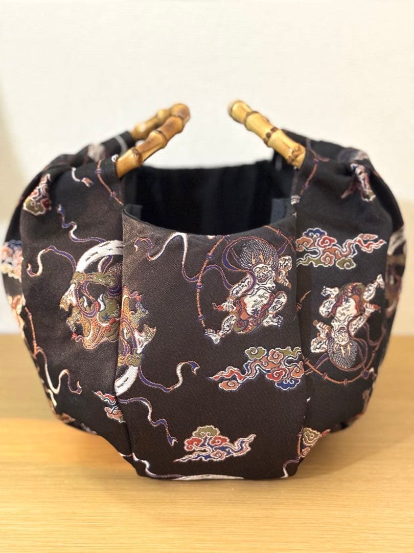 京都西陣織金蘭生地　風神雷神（黒）和装バック着物バック　入学卒業結婚式七五三振袖