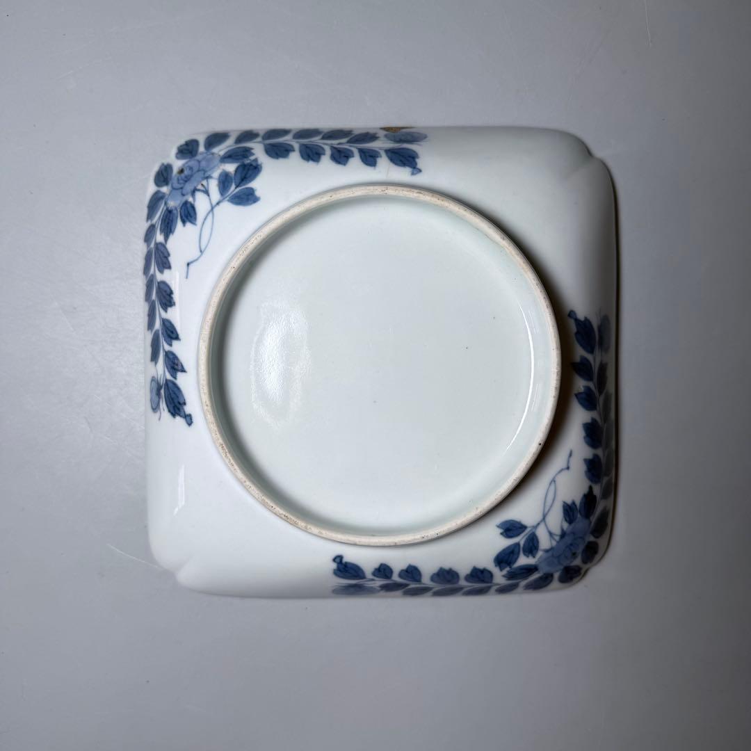 後期鍋島　江戸後期　染付楼閣山水図四方皿　共箱　緻密な絵付け　古美術　蒐集家旧蔵