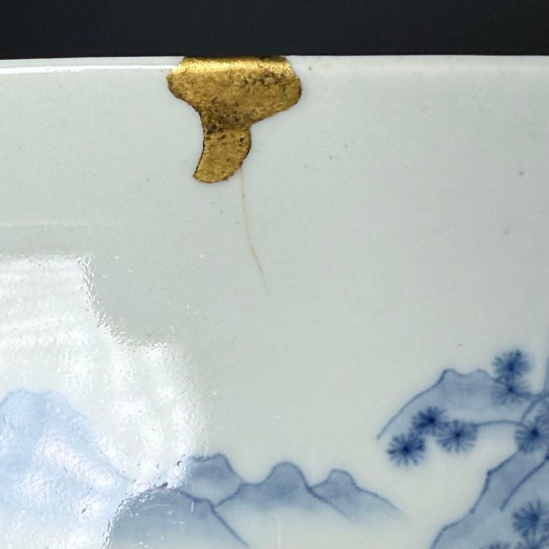 後期鍋島　江戸後期　染付楼閣山水図四方皿　共箱　緻密な絵付け　古美術　蒐集家旧蔵