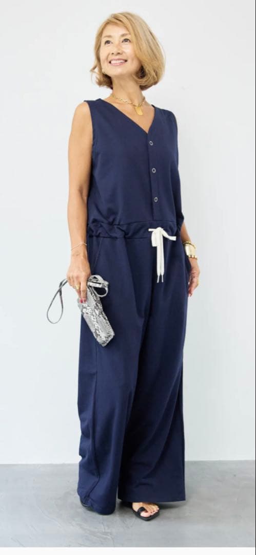 スウェットVネック オールインワン　ネイビー