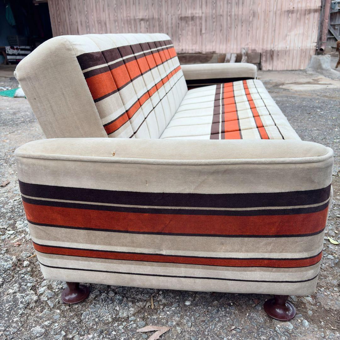昭和レトロ　アンティーク ストライプ ソファ ベッド モケット 3人掛け ベロア