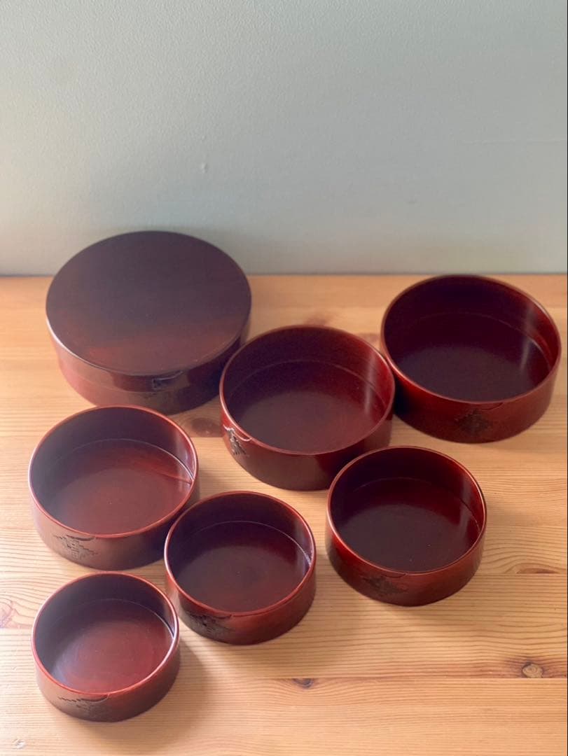 柴田慶信商店　秋田杉　曲げわっぱ　シバキ塗り　　蓋付き 七つ鉢　特注　鱗綴じ